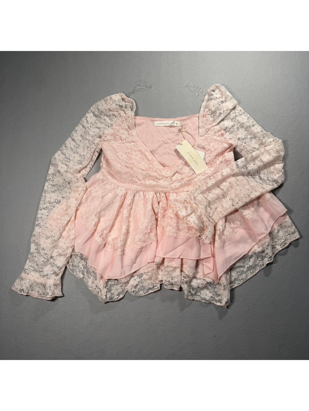 Altar'd State Womens Medium Light Pink Lace Peplum Top Long Sleeve Ruffle NWT